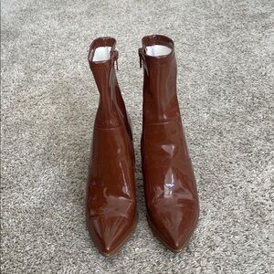 Steve Madden Patent Leather Elwyn Brown Heeled Bootie Ankle Boots